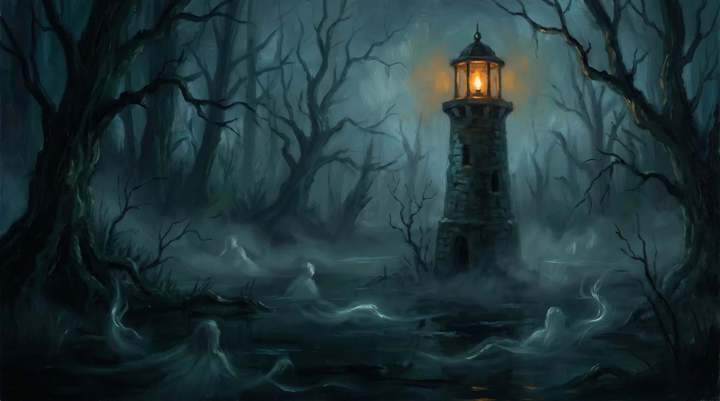 A lantern-lit doorway, something stirring in the dark beyond