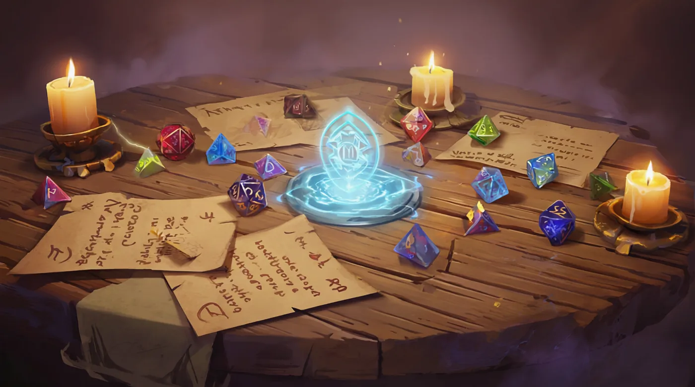 A painterly candlelit game table strewn with dice, handwritten character sheets and a glowing voice rune, representing the best AI game master apps of 2026.