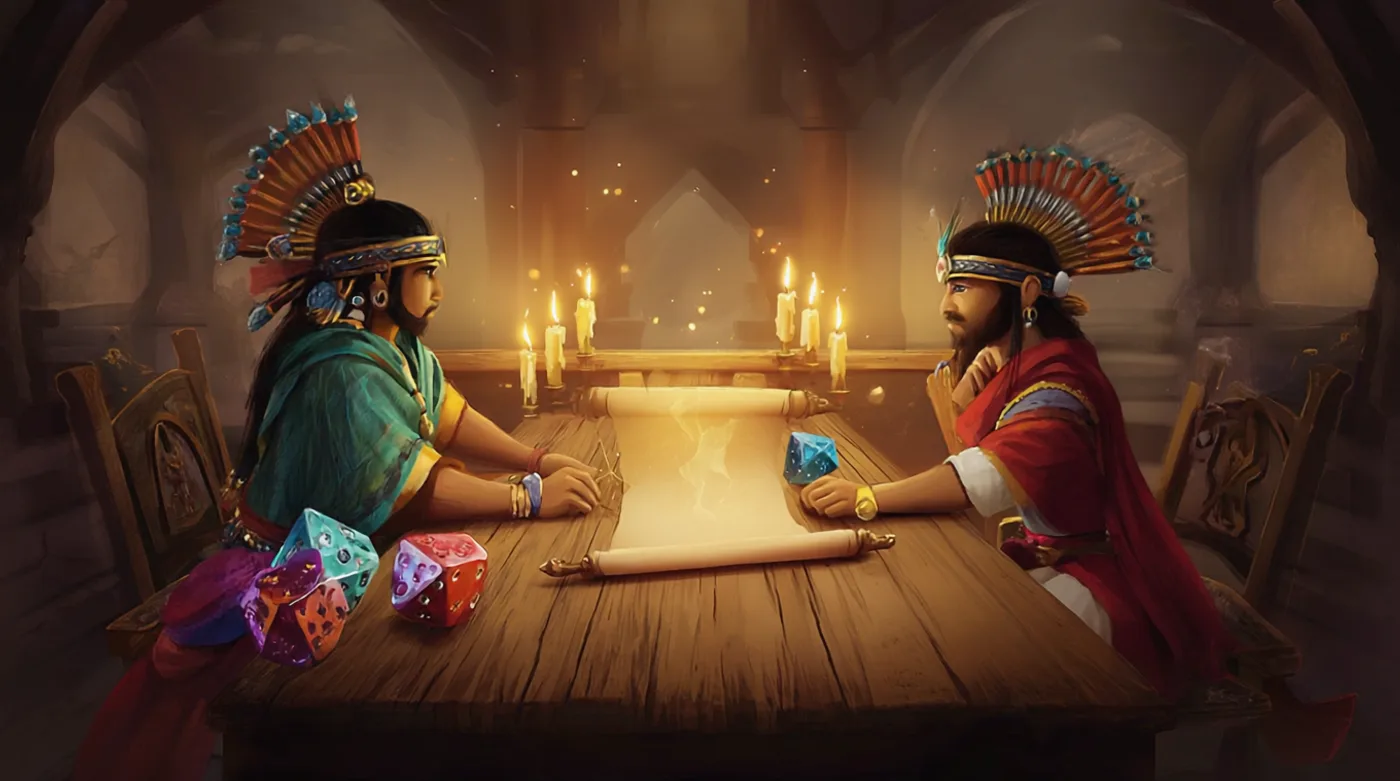 Split illustration of two AI game master apps facing off across a painterly candlelit table, dice and a glowing scroll between them